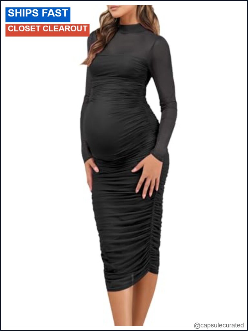 Long Sleeve Maternity Mesh Bodycon Midi Dress Wedding Guest Formal